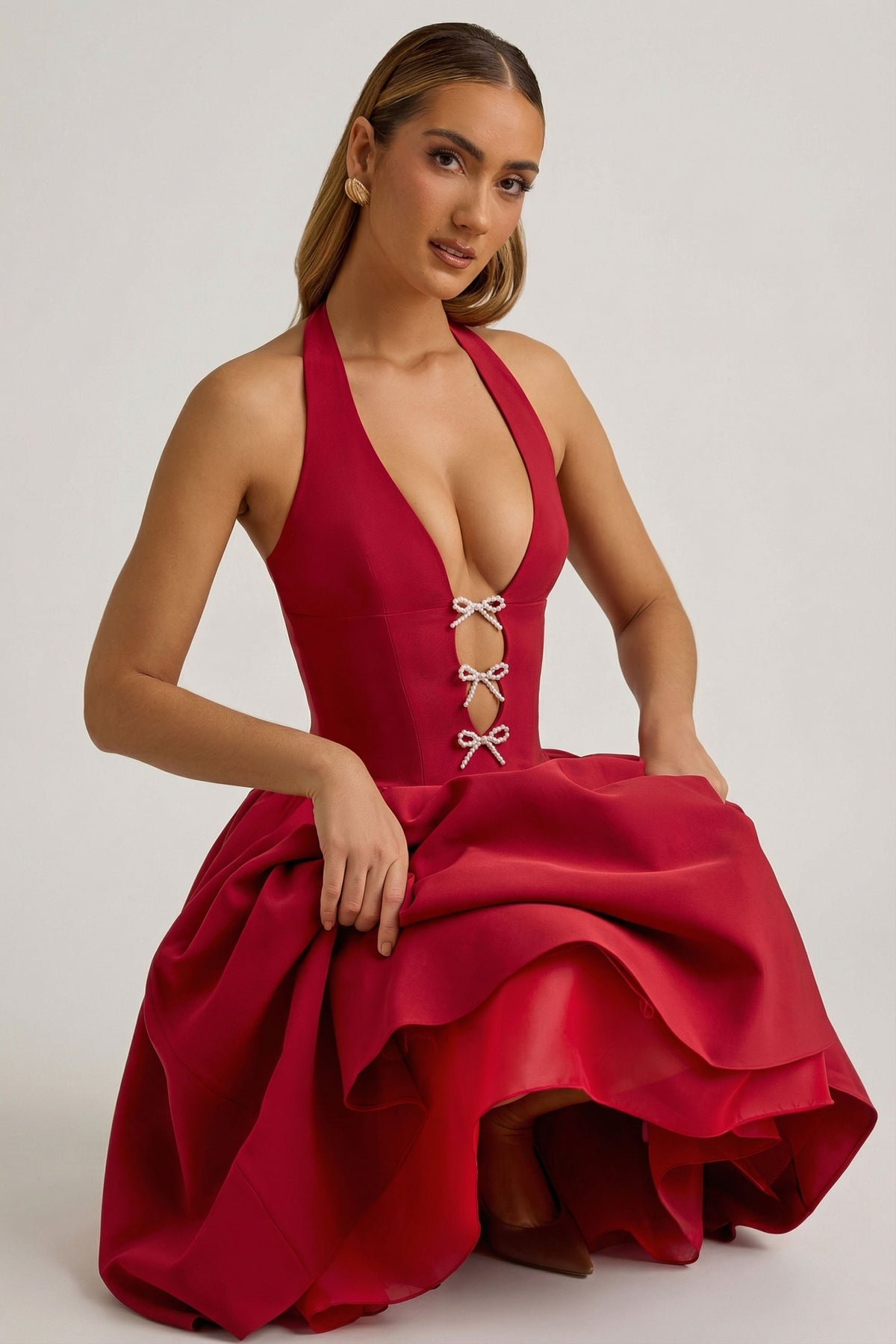 Halterneck Bow-Detail Midi Dress in True Red – view 3
