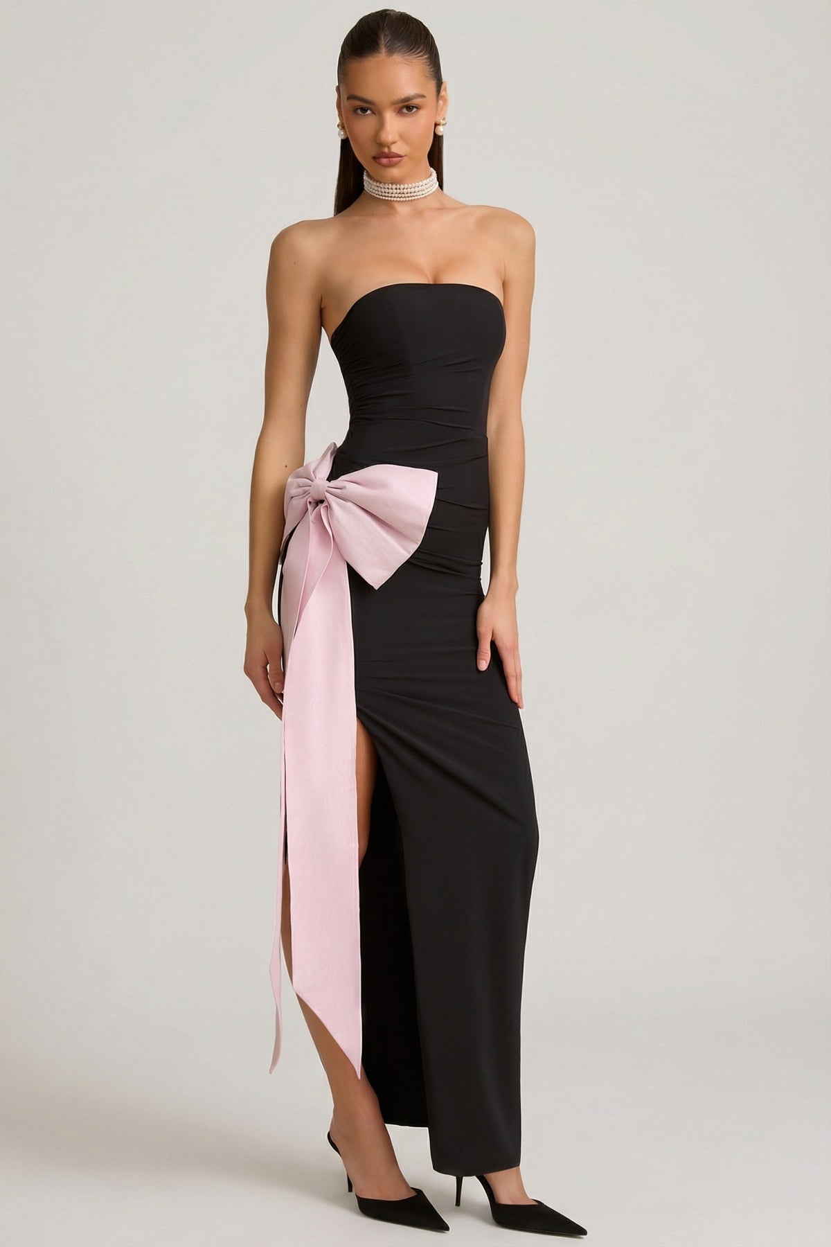 Strapless Bow-Detail Maxi Dress in Black – view 5