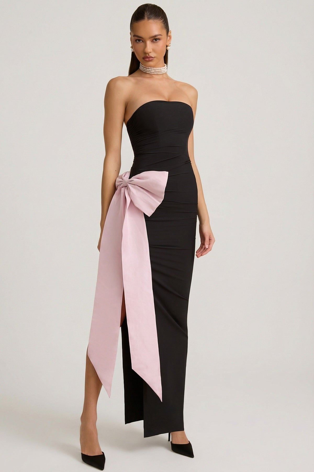 Strapless Bow-Detail Maxi Dress in Black – view 1