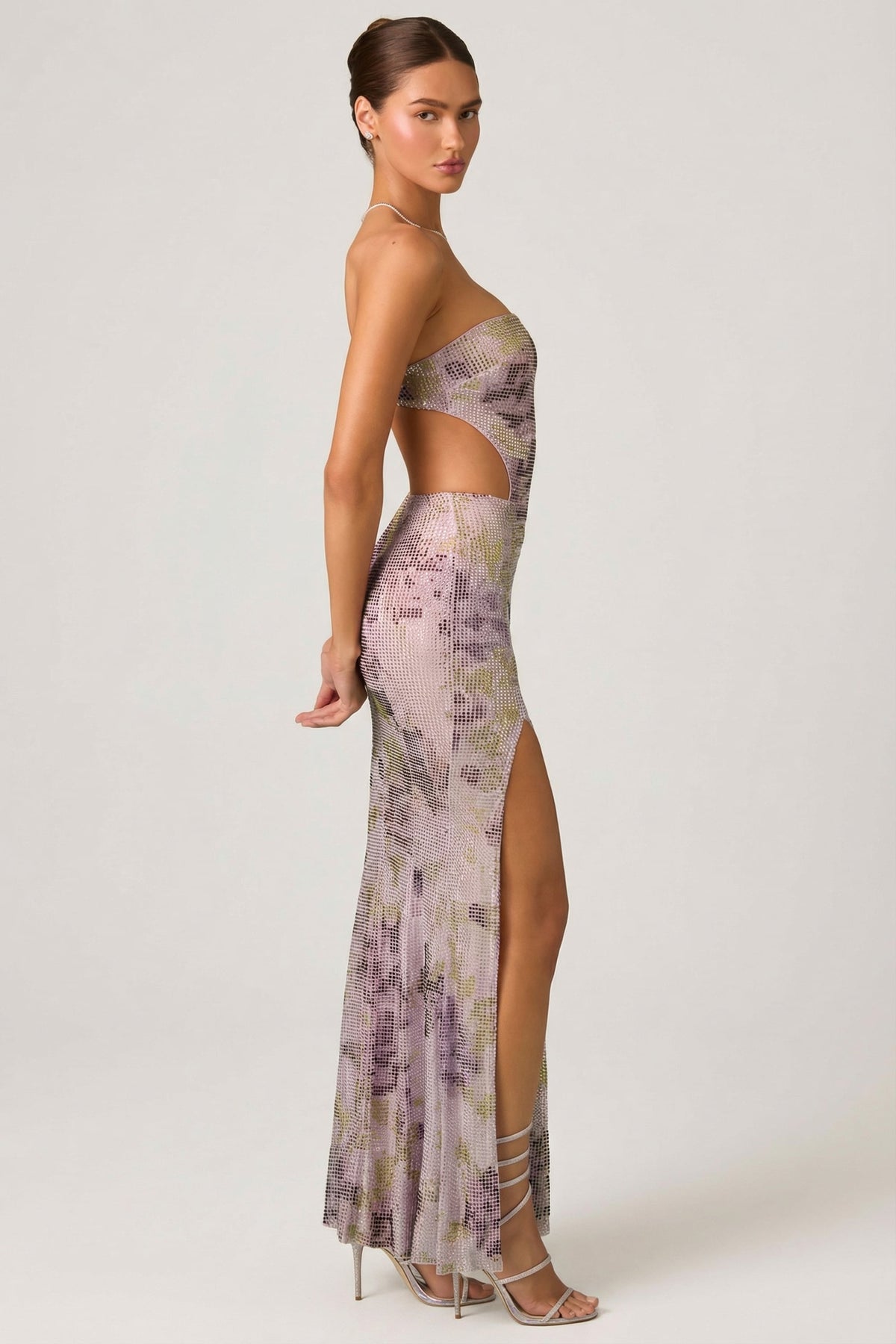 Embellished Cut-Out Fishtail Maxi Dress in Lilac – view 8