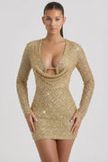 Embellished Cowl-Neck Mini Dress in Gold – view 1