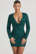 Embellished Cowl-Neck Mini Dress in Teal Green – view 1