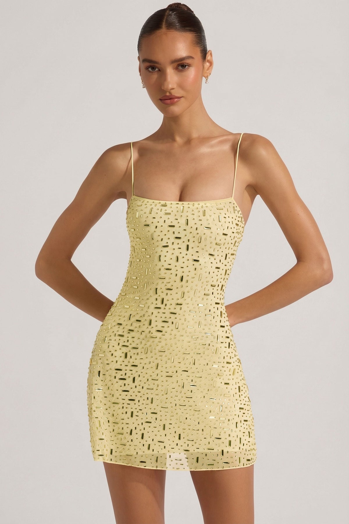 Sheer Embellished Square-Neck Mini Dress in Yellow – view 6