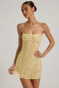 Sheer Embellished Square-Neck Mini Dress in Yellow – view 1