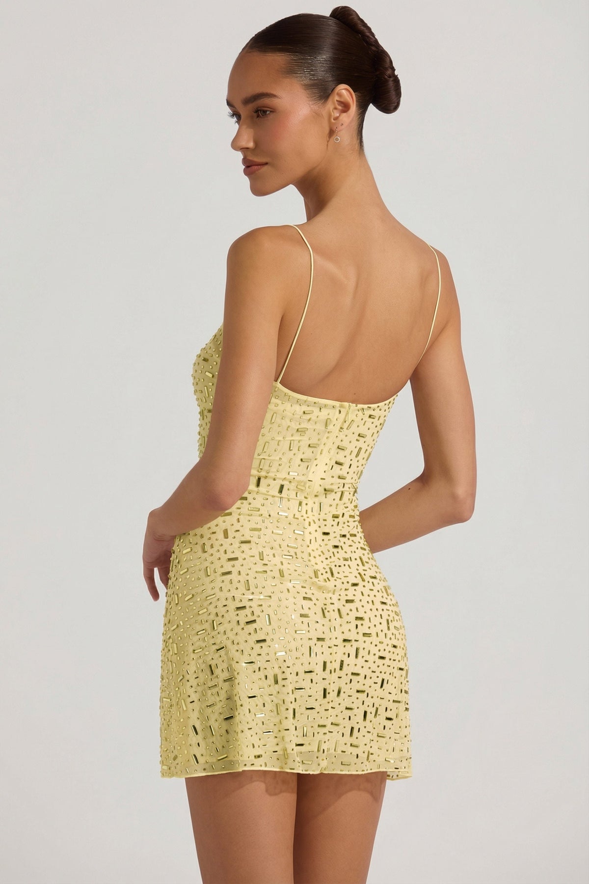 Sheer Embellished Square-Neck Mini Dress in Yellow – view 7