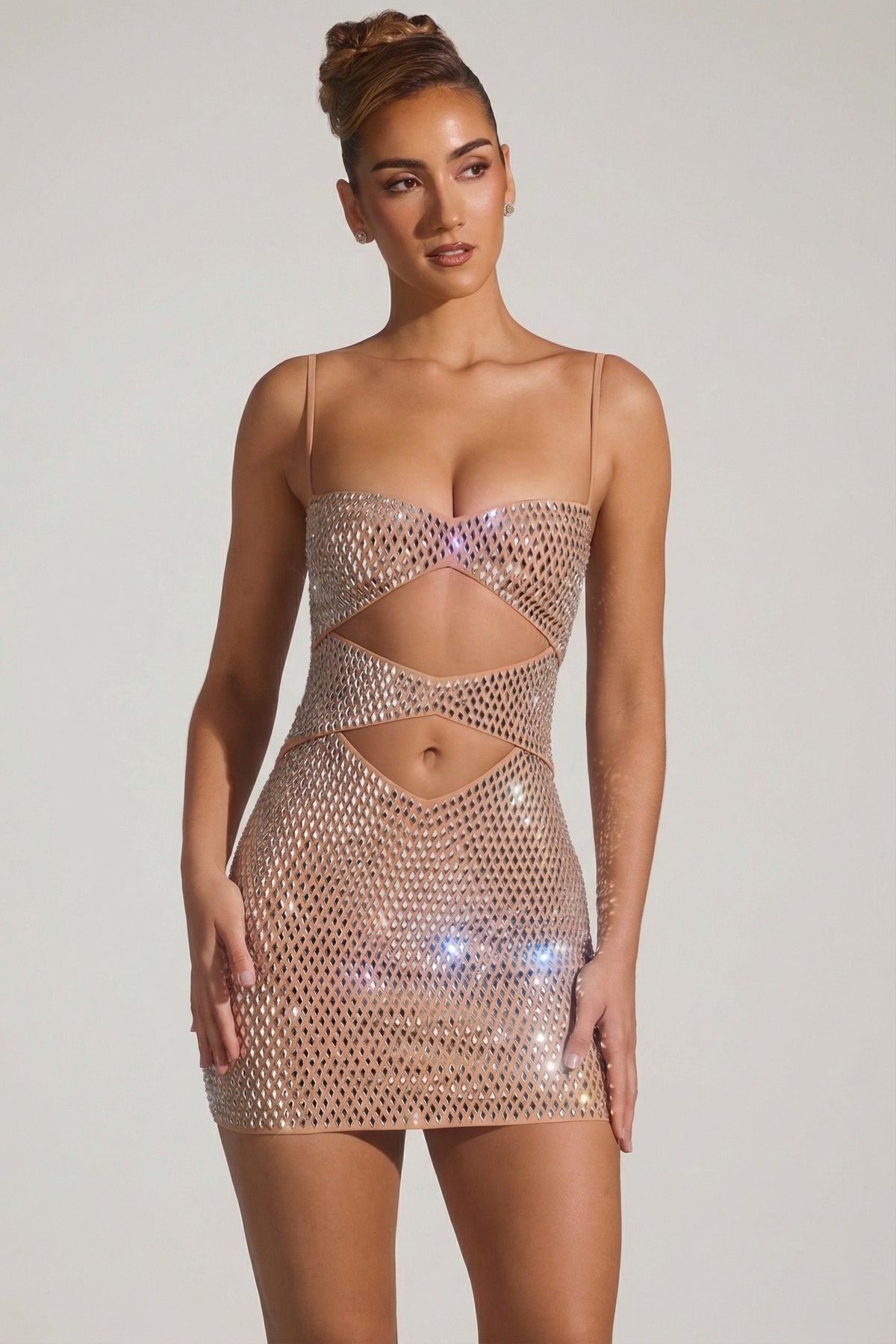 Embellished Cut-Out Mini Dress in Almond – view 6