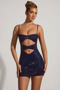 Embellished Cut-Out Mini Dress in Navy – view 1
