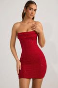 Embellished Strapless Cowl-Neck Mini Dress in True Red – view 1