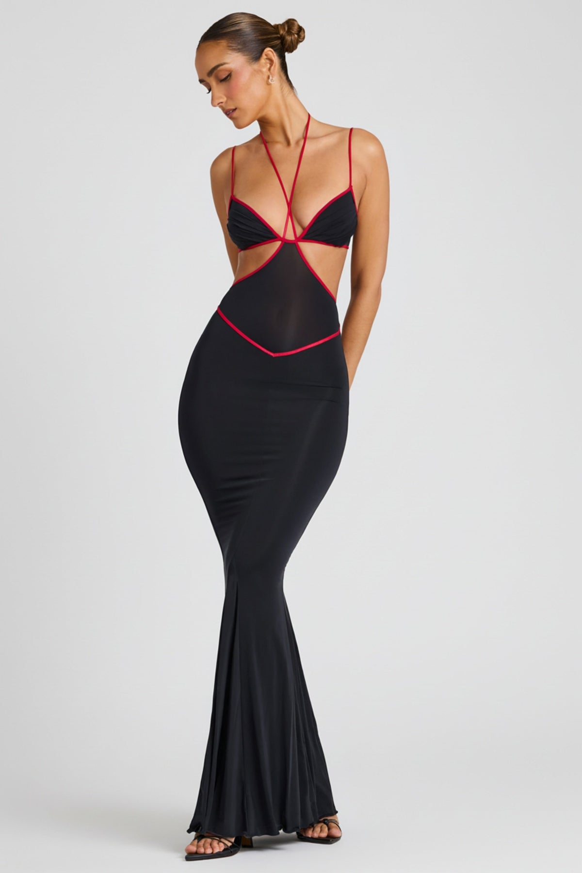 Contrast Binding Cut Out Evening Gown in Black – view 7