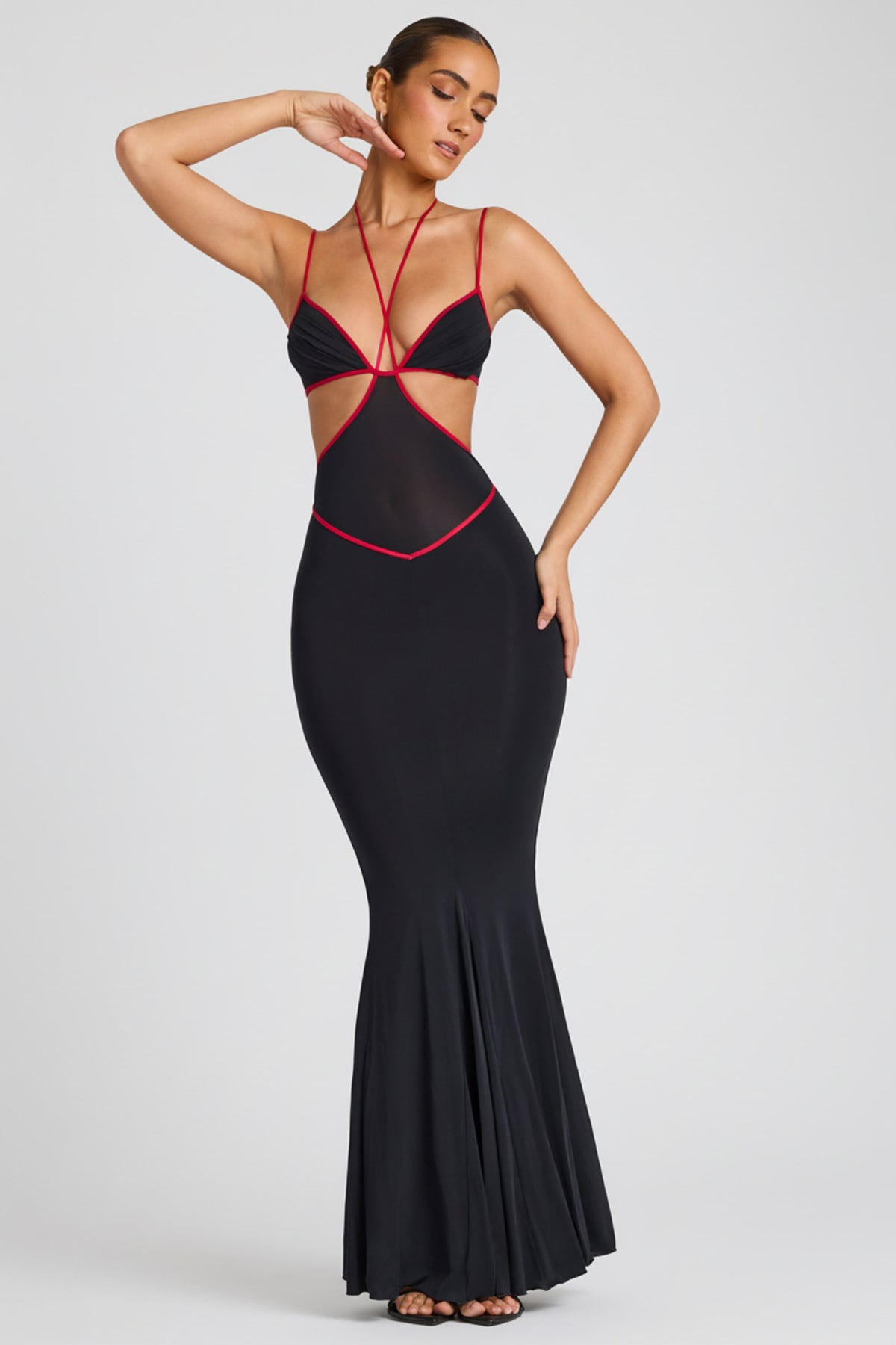 Contrast Binding Cut Out Evening Gown in Black – view 8