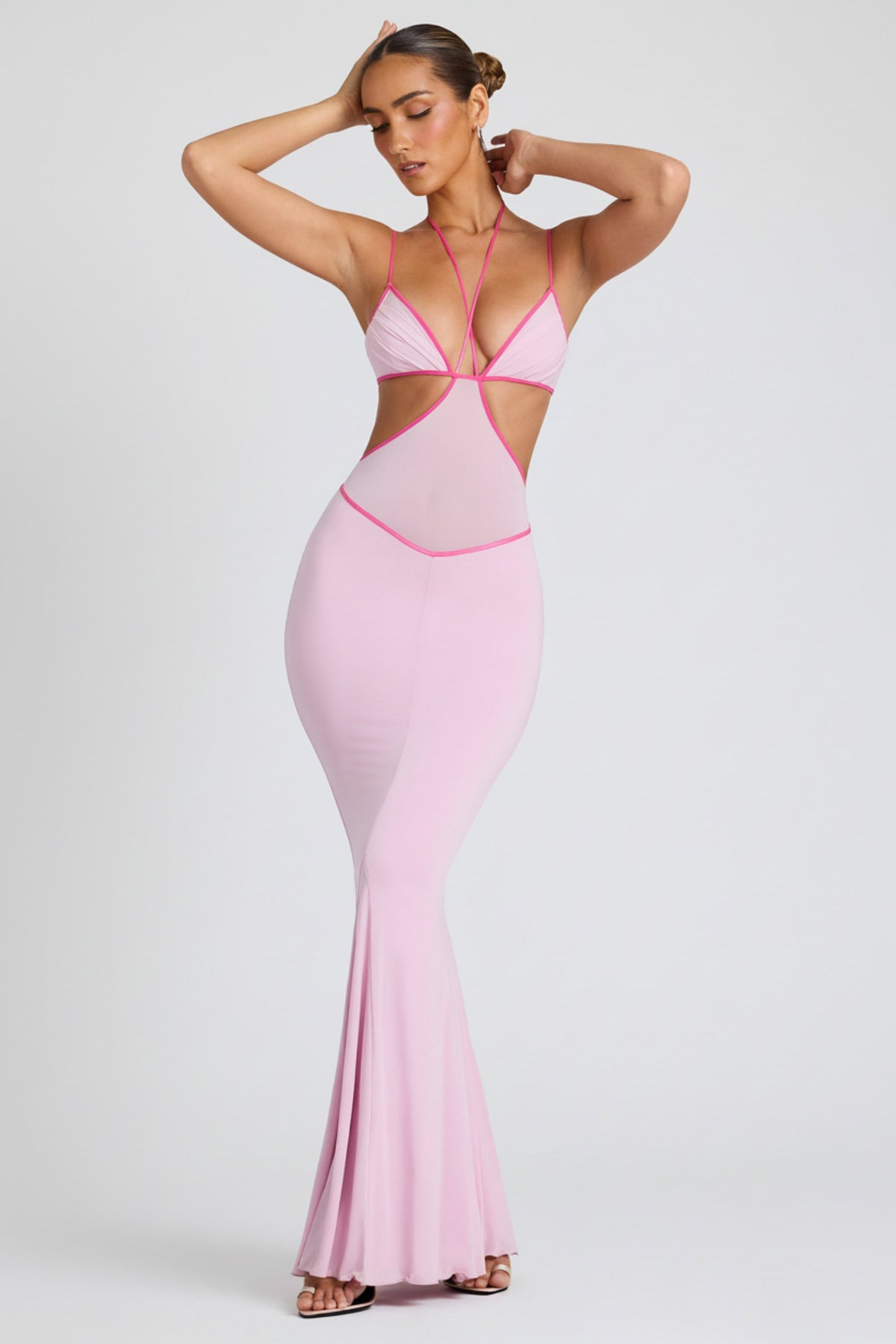 Contrast Binding Cut Out Evening Gown in Soft Pink – view 14