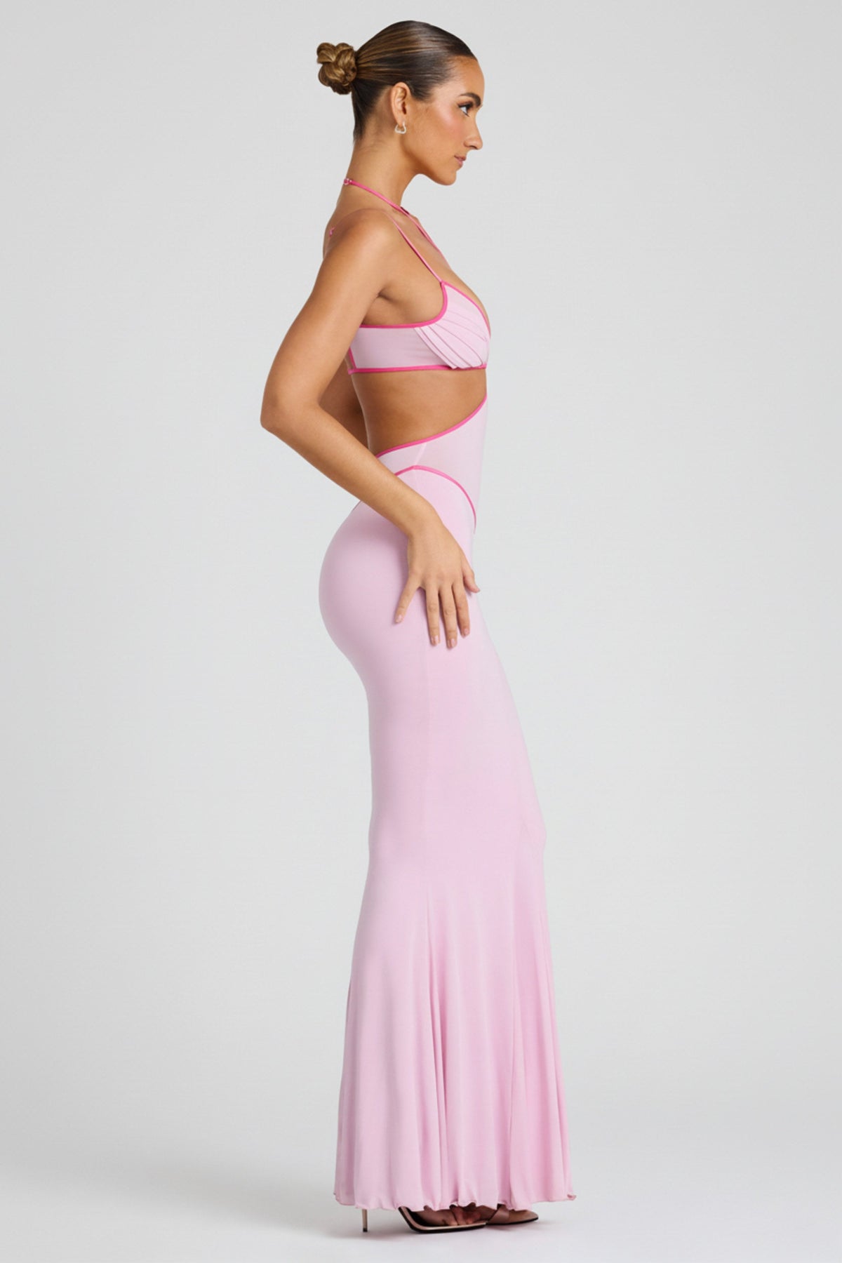 Contrast Binding Cut Out Evening Gown in Soft Pink – view 12