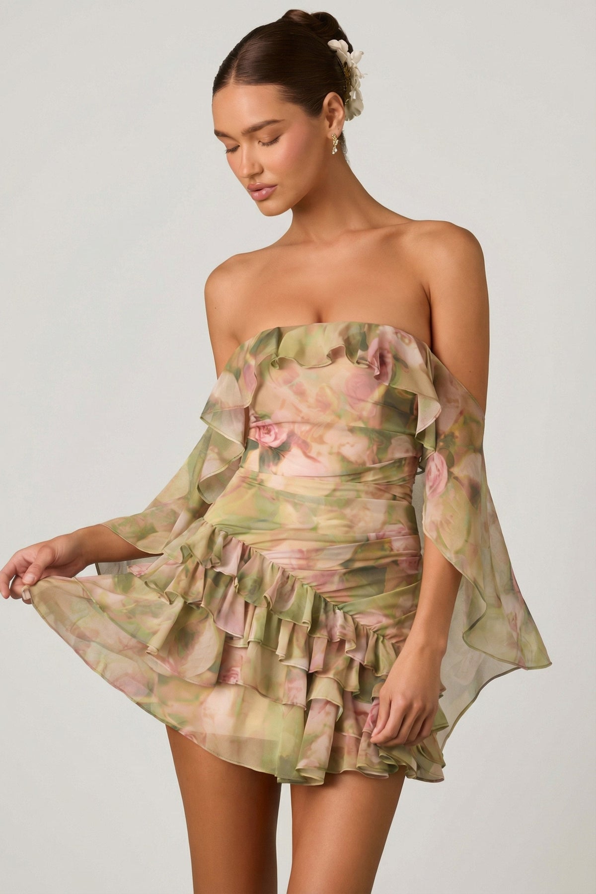 Off-Shoulder Ruffled Mini Dress in Floral Multi Print – view 6