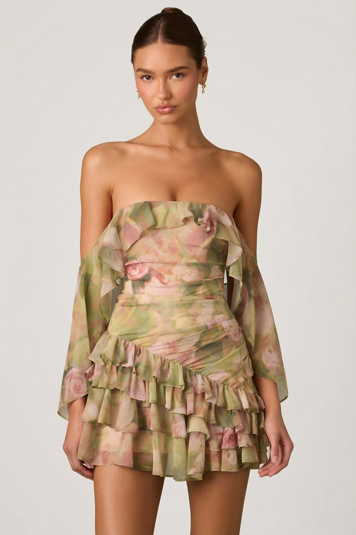 Off-Shoulder Ruffled Mini Dress in Floral Multi Print – view 7