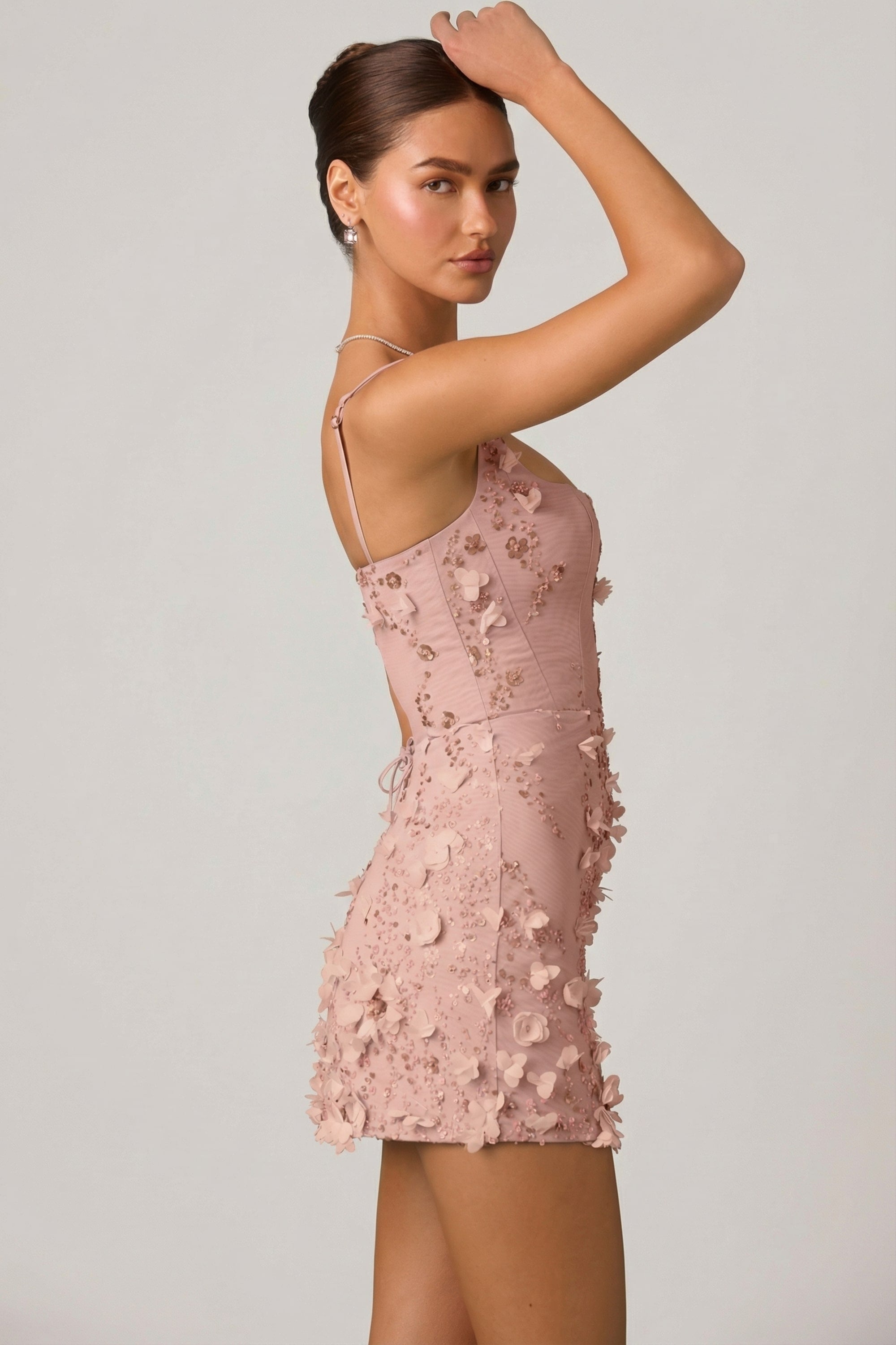 Embellished Appliqué Corset Mini Dress in Dusty Rose – view 5