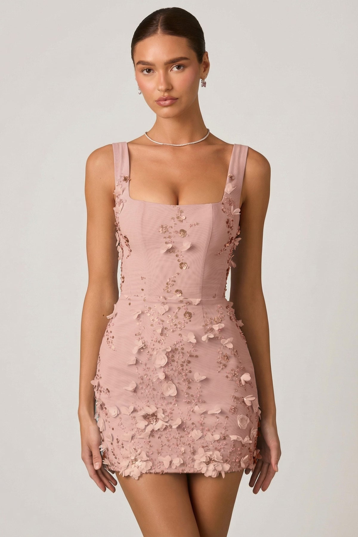 Embellished Appliqué Corset Mini Dress in Dusty Rose – view 6