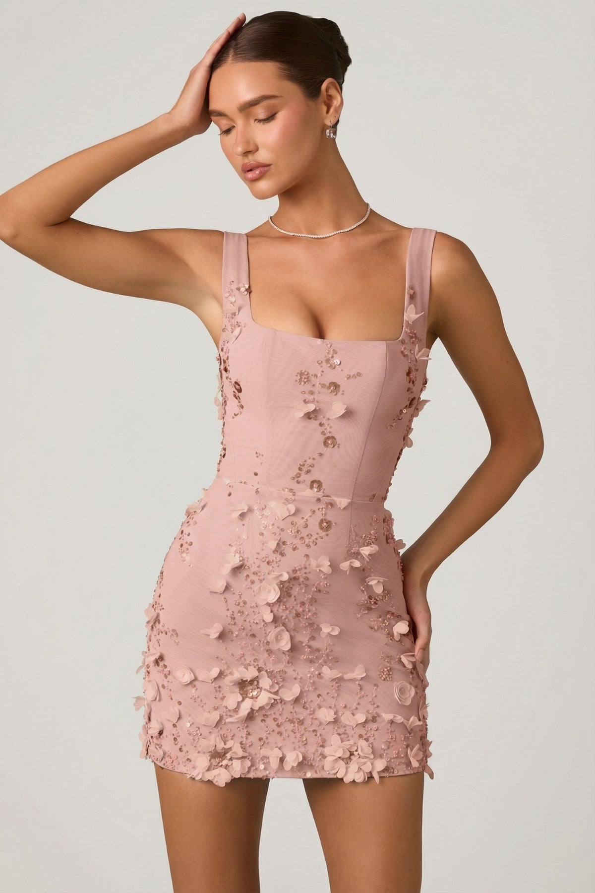 Embellished Appliqué Corset Mini Dress in Dusty Rose – view 7
