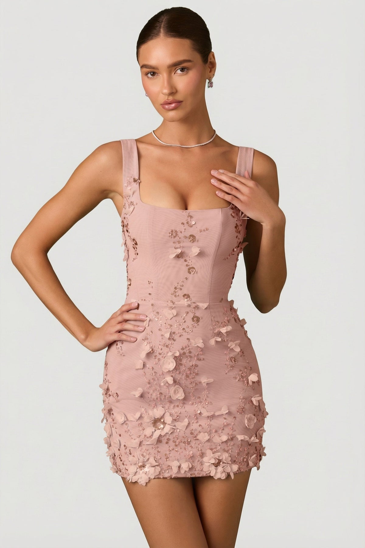 Embellished Appliqué Corset Mini Dress in Dusty Rose – view 8