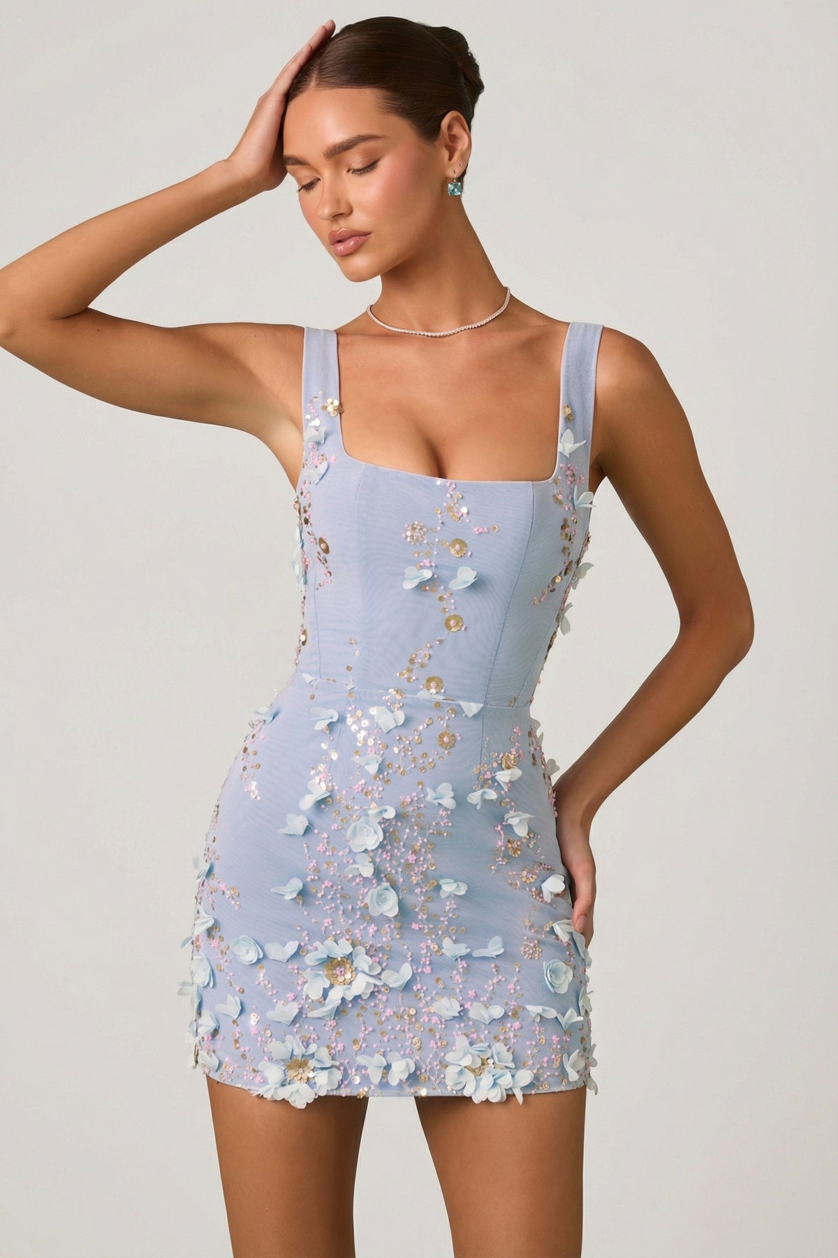 Embellished Appliqué Corset Mini Dress in Sky Blue – view 7