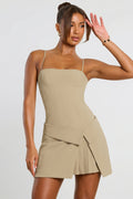 Woven Twill Wrap Over Pleated Mini Dress in Taupe – view 1