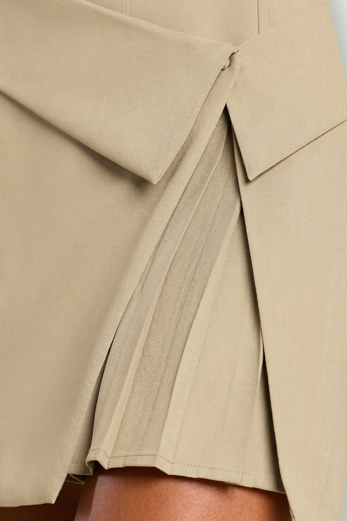 Woven Twill Wrap Over Pleated Mini Dress in Taupe – view 7