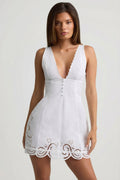 Cutwork Cotton-Poplin A-Line Mini Dress in White – view 1