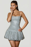 Embellished Bubble Hem Mini Dress in Silver – view 1
