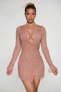 Embellished Wrap Over A-Line Mini Dress in Beige – view 1