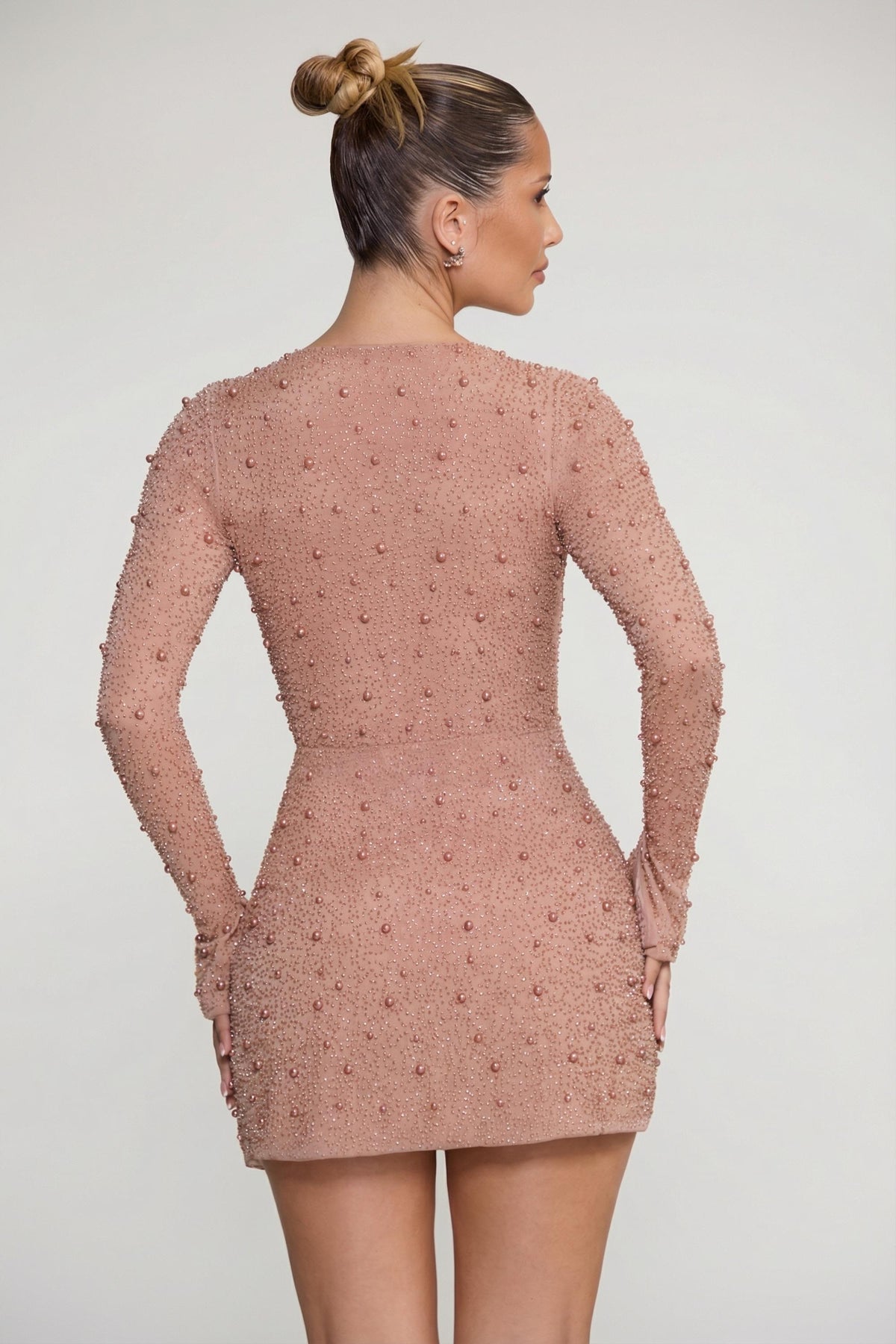 Embellished Wrap Over A-Line Mini Dress in Beige – view 2