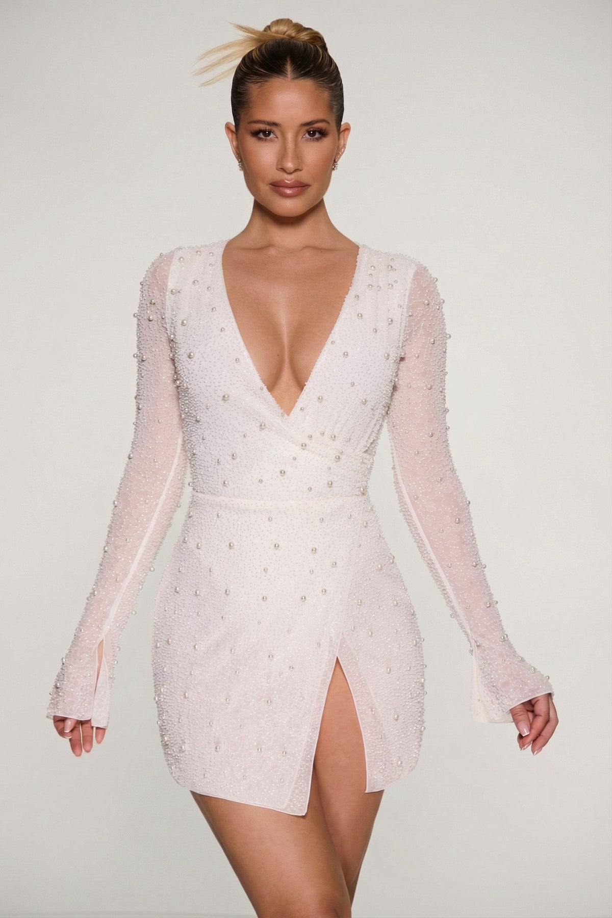 Embellished Wrap Over A-Line Mini Dress in Ivory – view 3