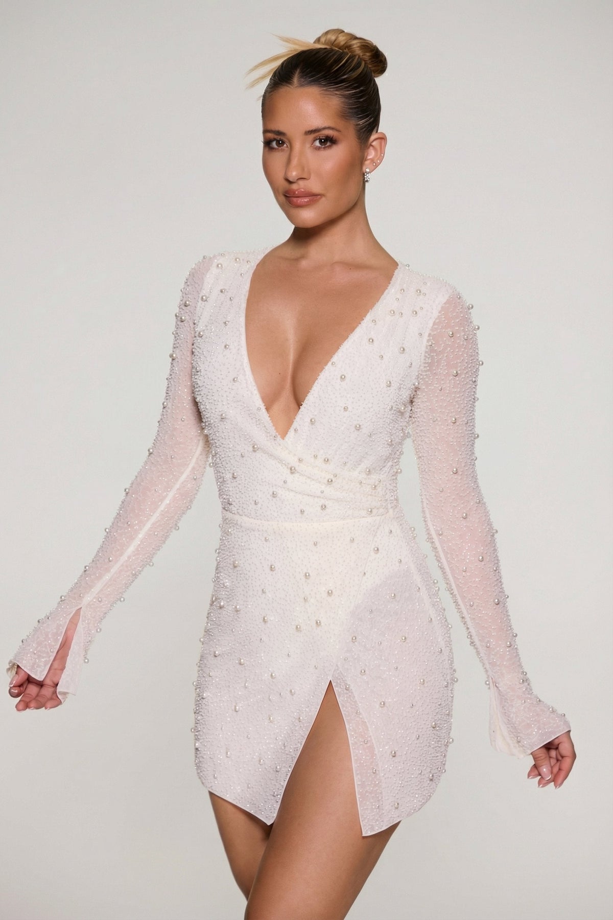 Embellished Wrap Over A-Line Mini Dress in Ivory – view 5