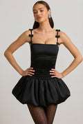 Bow-Detail Ruched Bubble Hem Mini Dress in Black – view 1