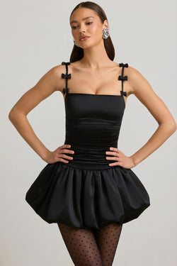 Bow-Detail Ruched Bubble Hem Mini Dress in Black – view 1