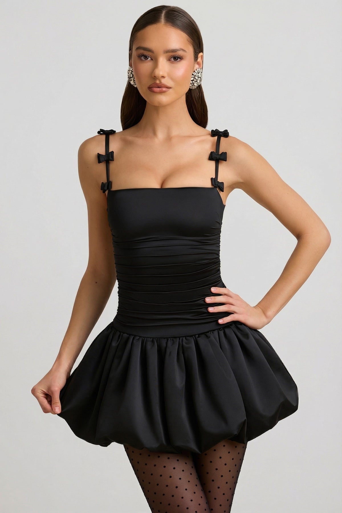 Bow-Detail Ruched Bubble Hem Mini Dress in Black – view 6