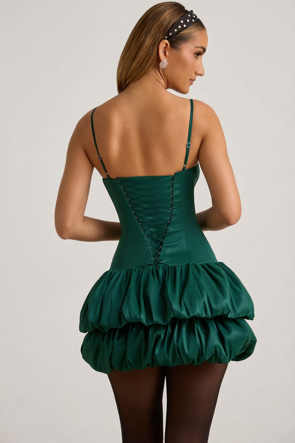 Satin Bubble Hem Corset Mini Dress in Emerald Green – view 2