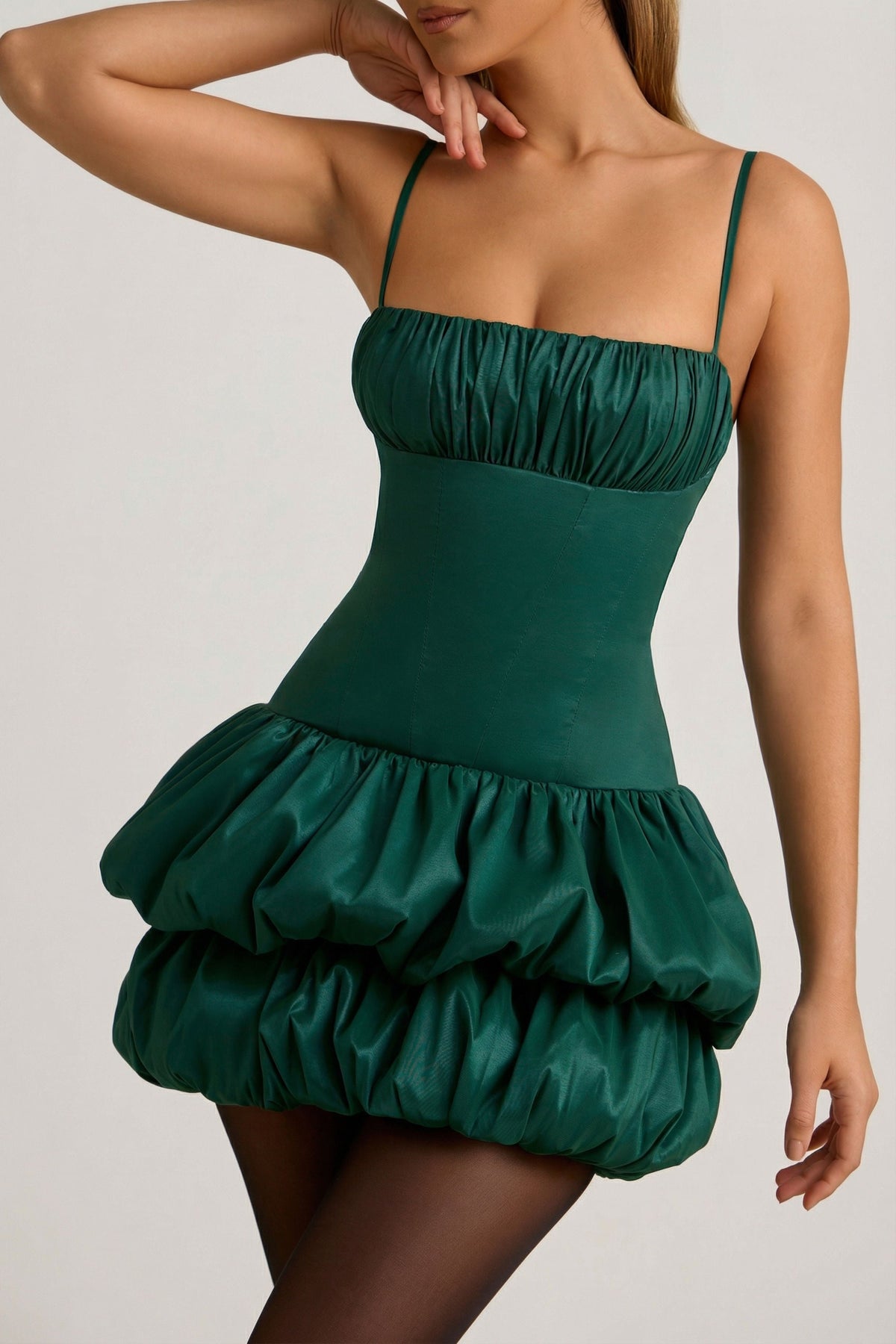 Satin Bubble Hem Corset Mini Dress in Emerald Green – view 4