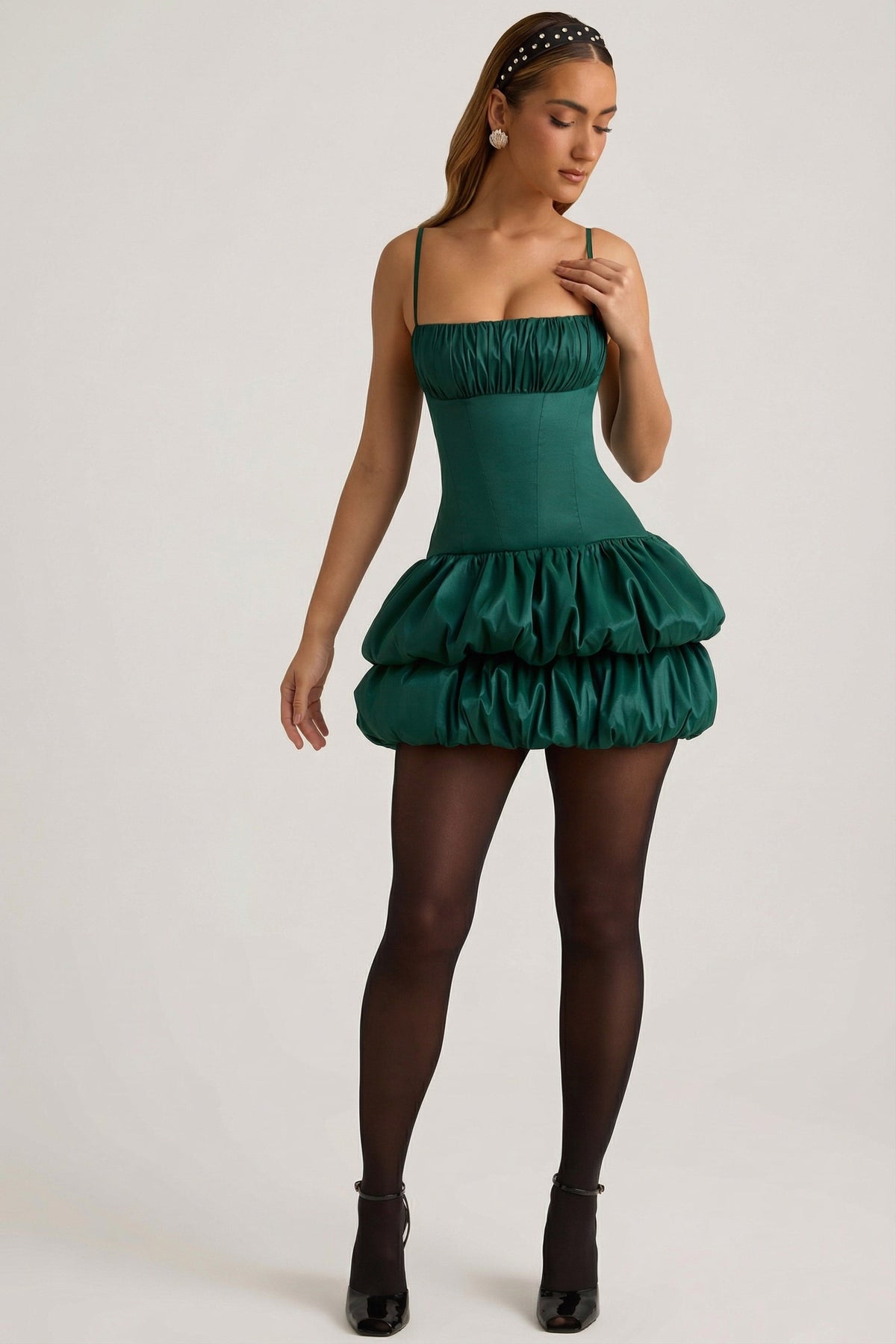Satin Bubble Hem Corset Mini Dress in Emerald Green – view 5