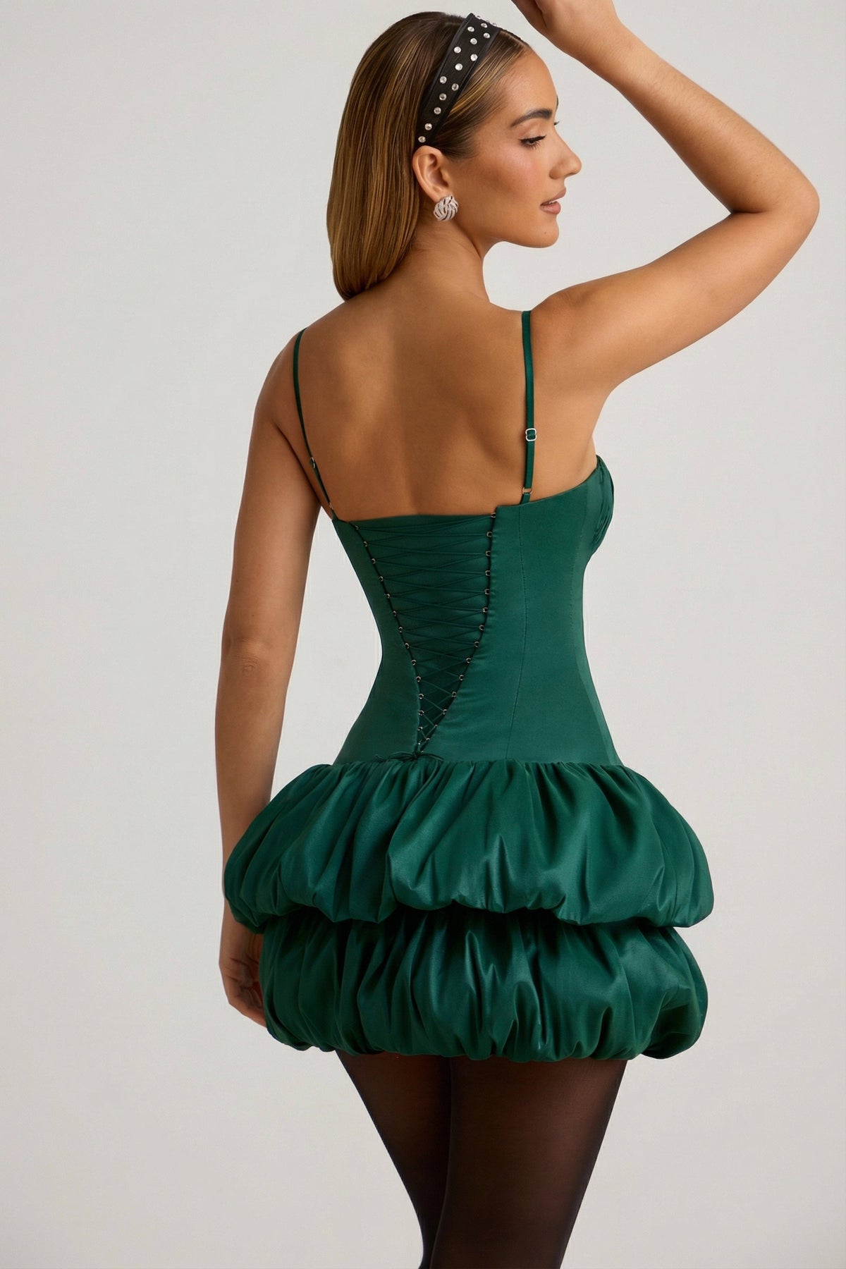 Satin Bubble Hem Corset Mini Dress in Emerald Green – view 6