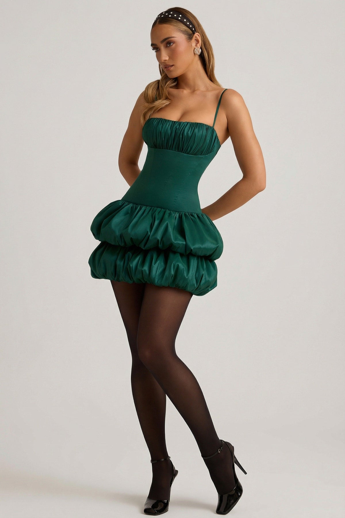 Satin Bubble Hem Corset Mini Dress in Emerald Green – view 8