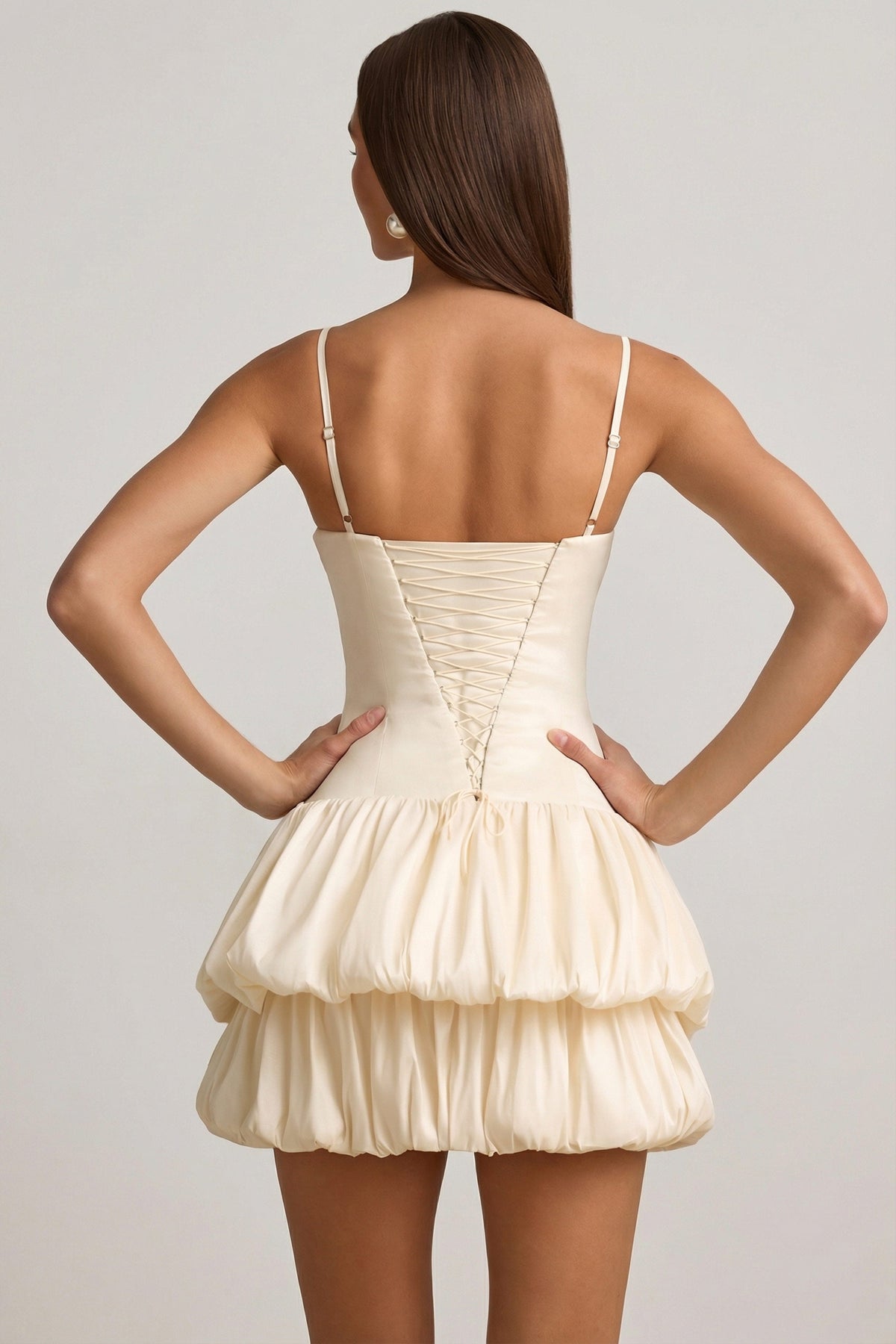 Satin Bubble Hem Corset Mini Dress in Ivory – view 2