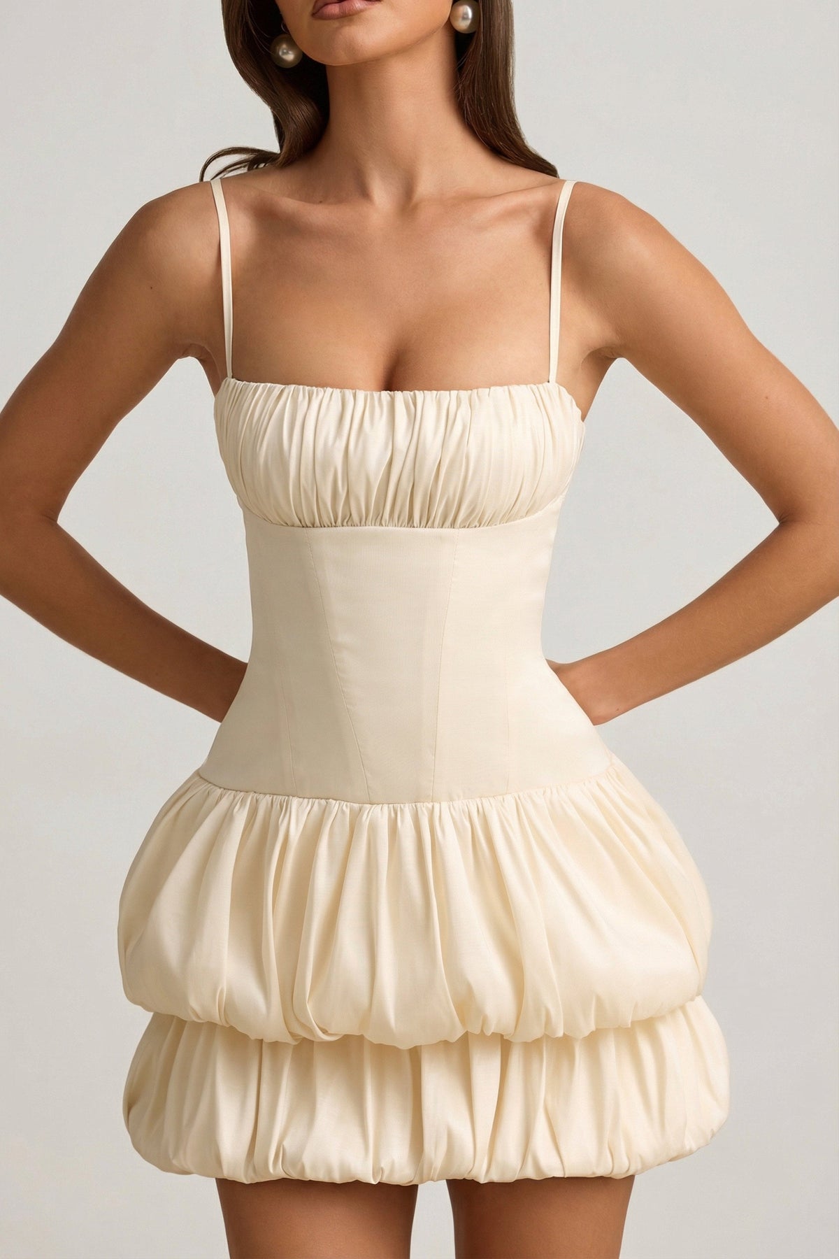 Satin Bubble Hem Corset Mini Dress in Ivory – view 4