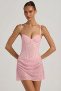 Semi-Sheer Embellished Draped Corset Mini Dress in Pink – view 1