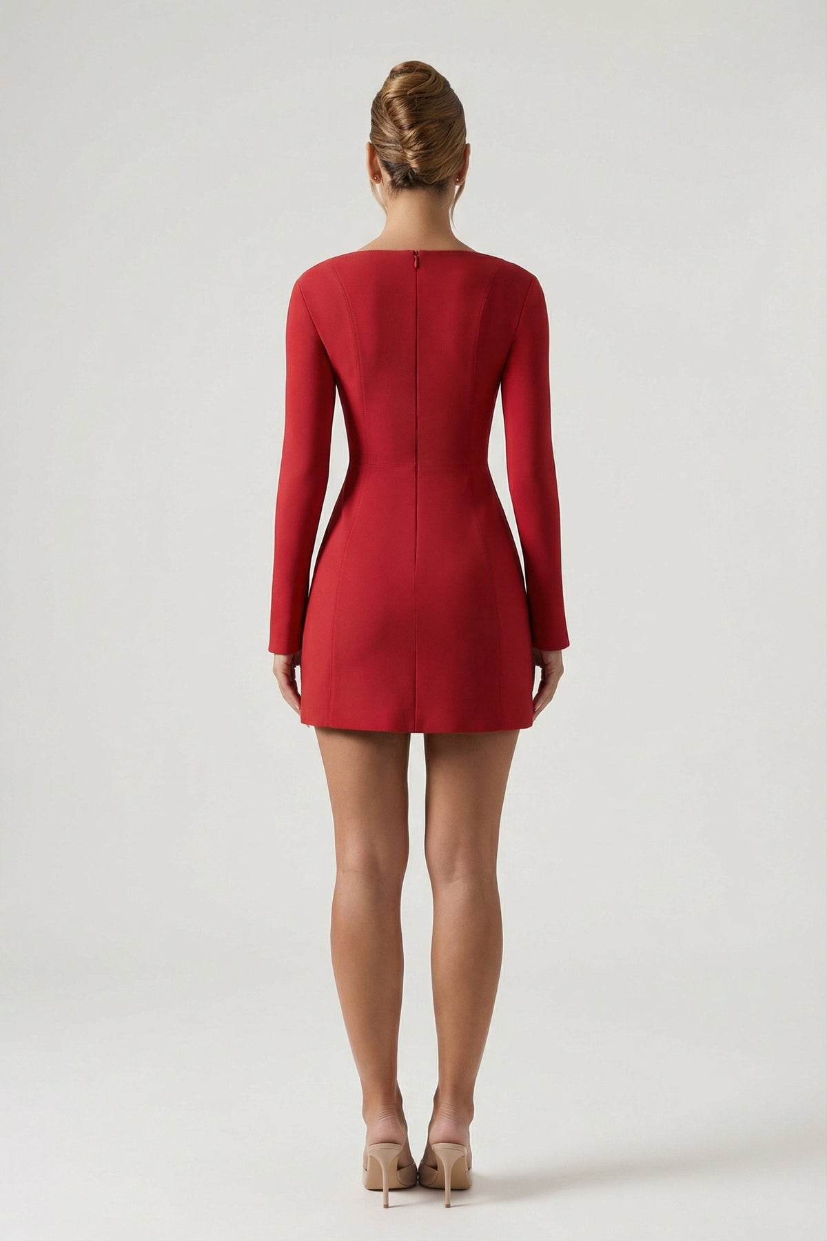 Sweetheart-Neck Long-Sleeve A-Line Mini Dress in Red – view 2