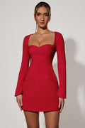 Sweetheart-Neck Long-Sleeve A-Line Mini Dress in Red – view 1