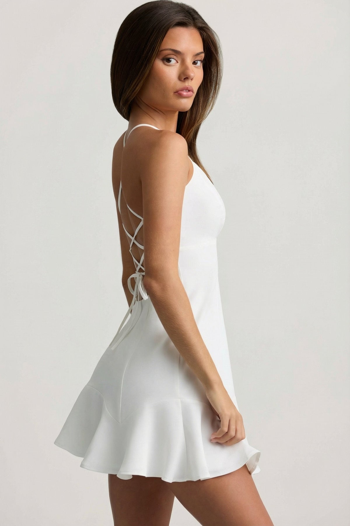 Drop-Waist Lace-Up Mini Dress in White – view 3