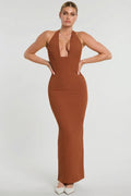Woven Twill Halter Neck Plunge Maxi Dress in Chestnut Brown – view 1