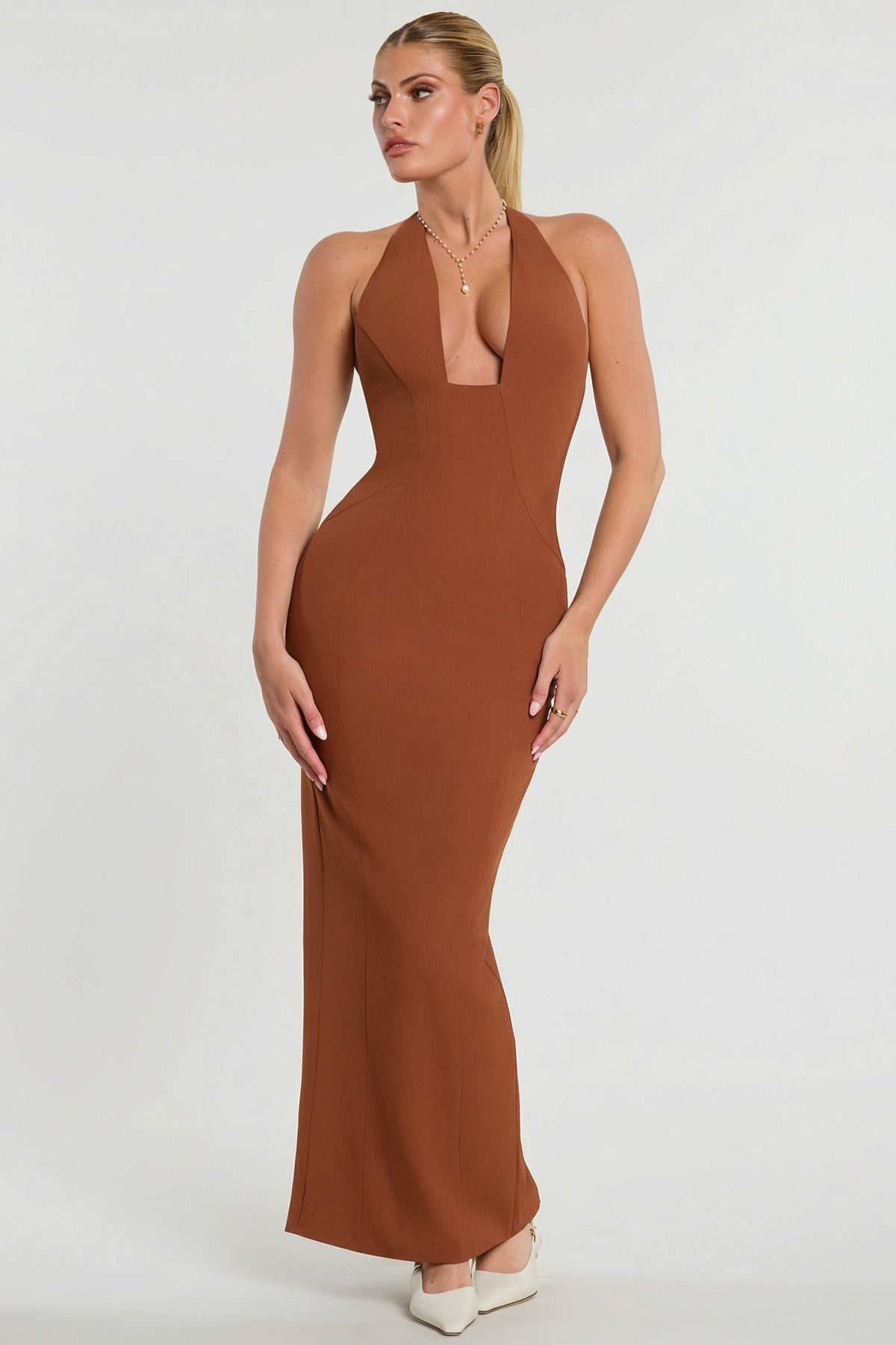 Woven Twill Halter Neck Plunge Maxi Dress in Chestnut Brown – view 6