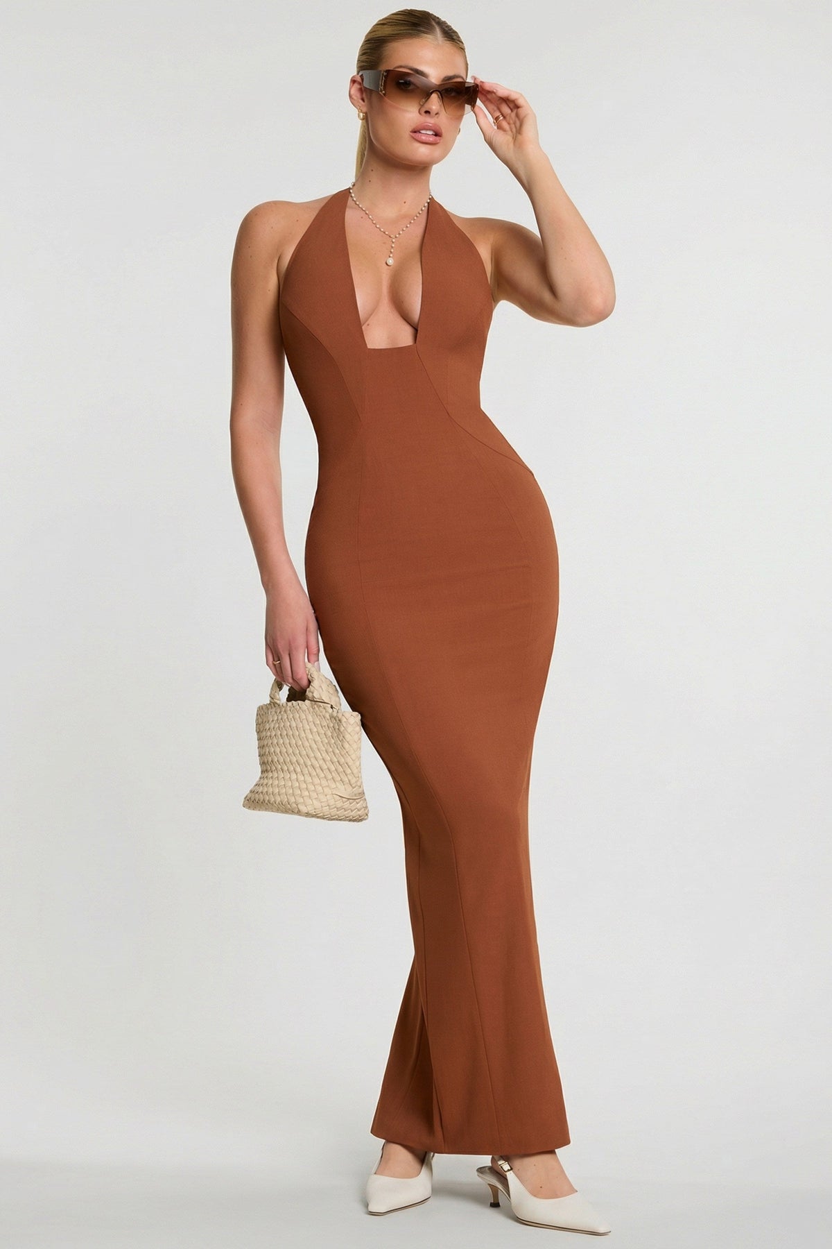 Woven Twill Halter Neck Plunge Maxi Dress in Chestnut Brown – view 7