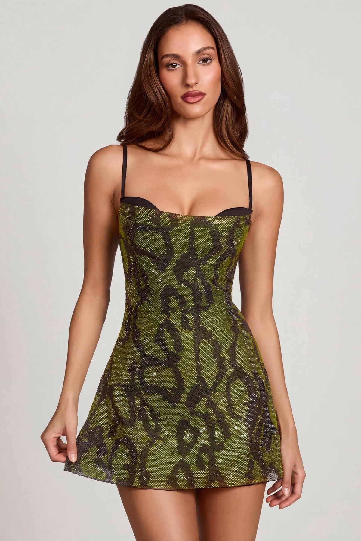 Embellished Cowl Neck A-line Mini Dress in Green Snake – view 1