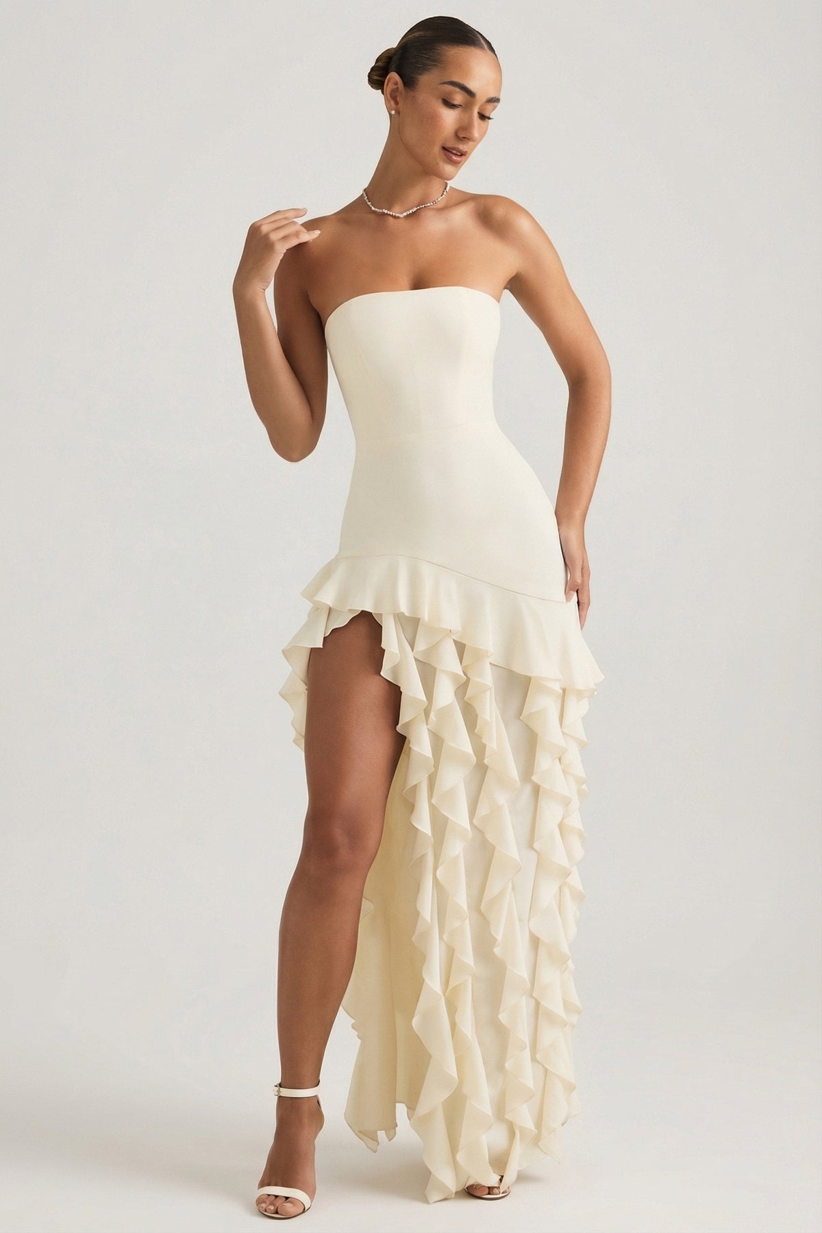 Ruffle-Trim Strapless Gown in Ivory – view 6
